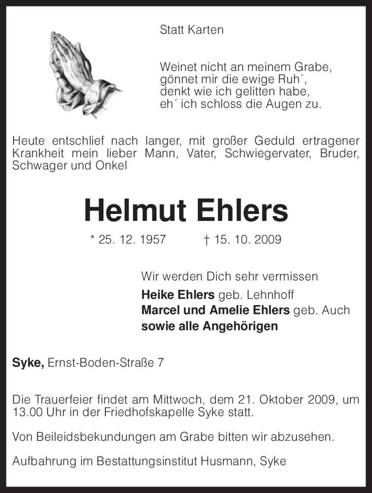  Traueranzeige für Helmut Ehlers vom 17.10.2009 aus KREISZEITUNG SYKE