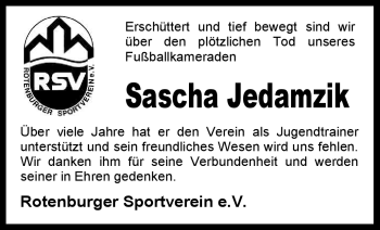 Traueranzeige von Sascha Jedamzik von KREISZEITUNG SYKE