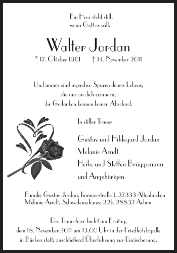 Traueranzeige von Walter Jordan von KREISZEITUNG SYKE