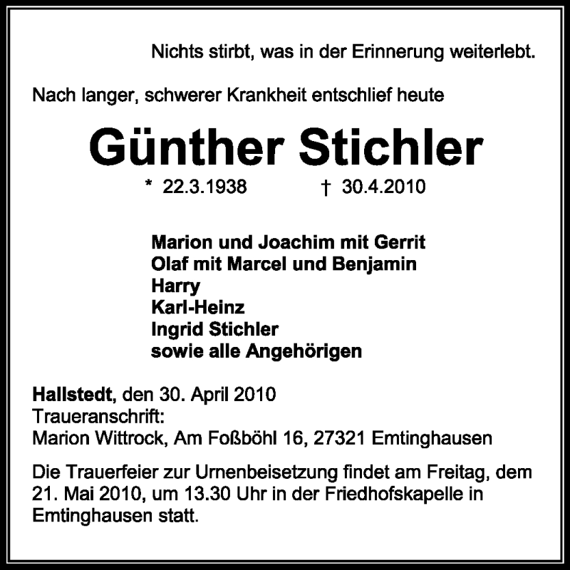  Traueranzeige für Günther Stichler vom 18.05.2010 aus KREISZEITUNG SYKE