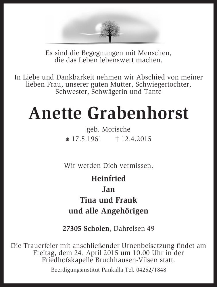  Traueranzeige für Anette Grabenhorst vom 16.04.2015 aus KRZ