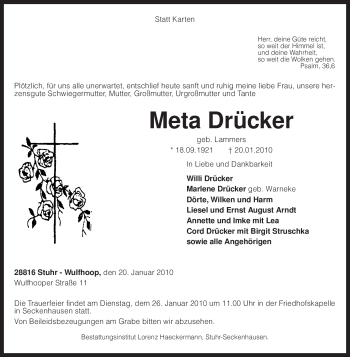 Traueranzeige von Meta Drücker von KREISZEITUNG SYKE