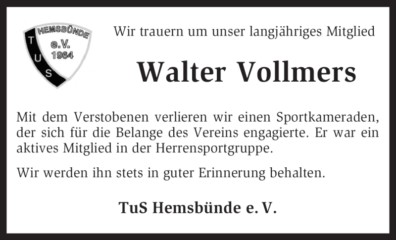  Traueranzeige für Walter Vollmers vom 30.09.2010 aus KREISZEITUNG SYKE