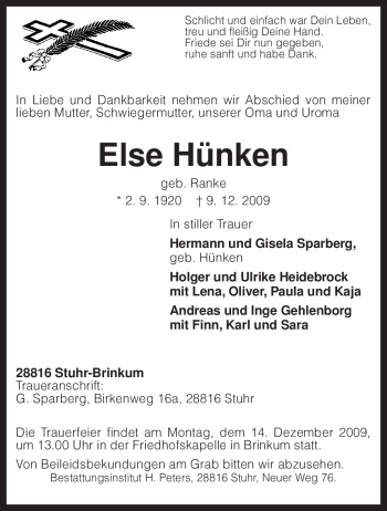 Traueranzeige von Else Hünken von KREISZEITUNG SYKE