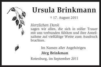 Traueranzeige von Ursula Brinkman von KREISZEITUNG SYKE