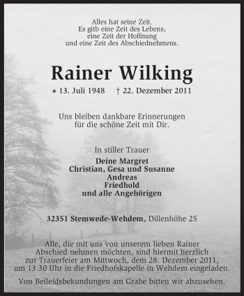 Traueranzeige von Rainer Wilking von KREISZEITUNG SYKE