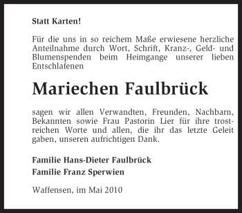 Traueranzeige von Mariechen Faulbrück von KREISZEITUNG SYKE