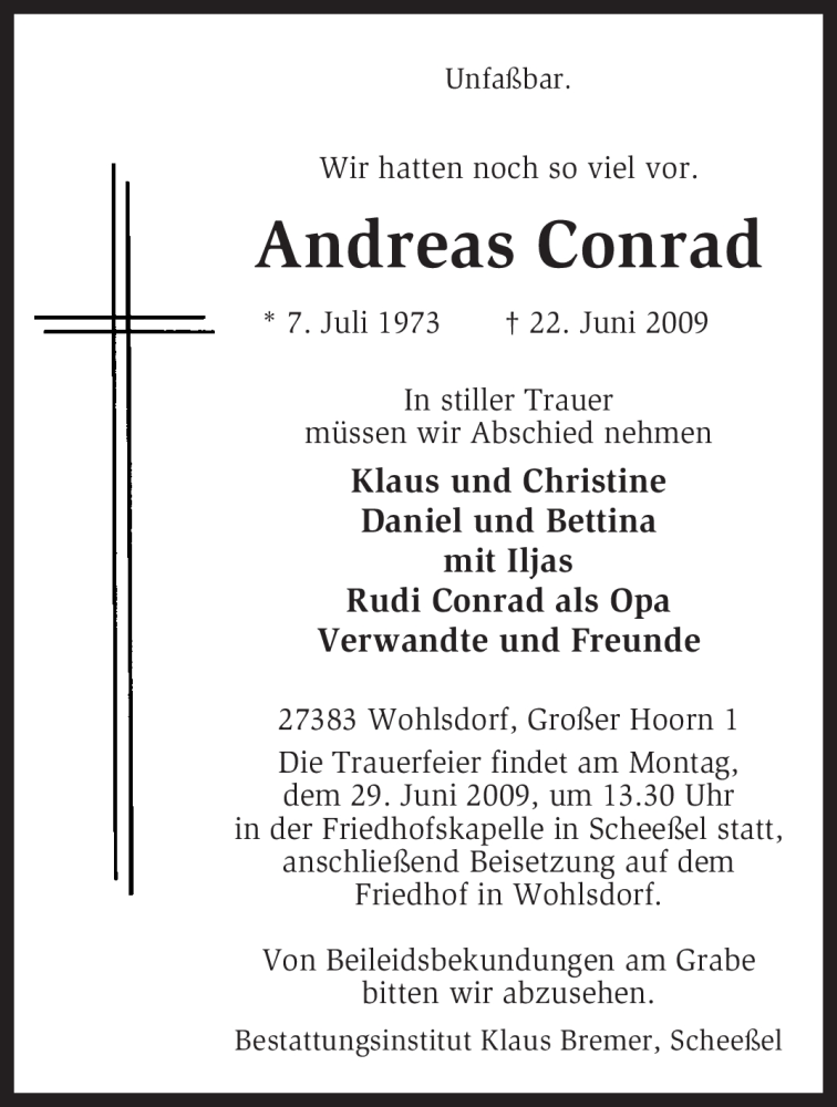  Traueranzeige für Andreas Conrad vom 26.06.2009 aus KREISZEITUNG SYKE