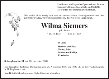 Traueranzeige von Wilma Siemers von KREISZEITUNG SYKE