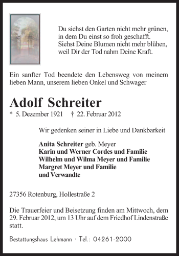 Traueranzeige von Adolf Schreiter von KREISZEITUNG SYKE