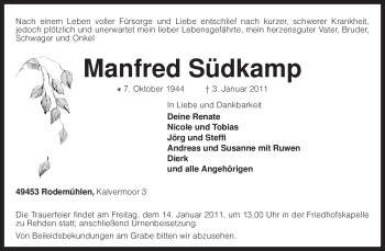 Traueranzeige von Manfred Südkamp von KREISZEITUNG SYKE