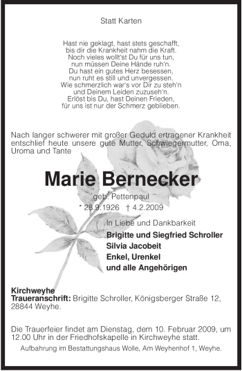 Traueranzeige von Marie Bernecker von KREISZEITUNG SYKE