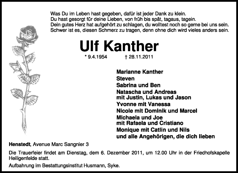  Traueranzeige für Ulf Heinrich Kanther vom 02.12.2011 aus KREISZEITUNG SYKE