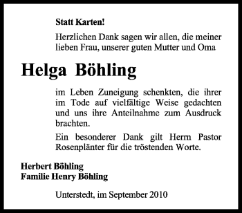 Traueranzeige von Helga Böhling von KREISZEITUNG SYKE