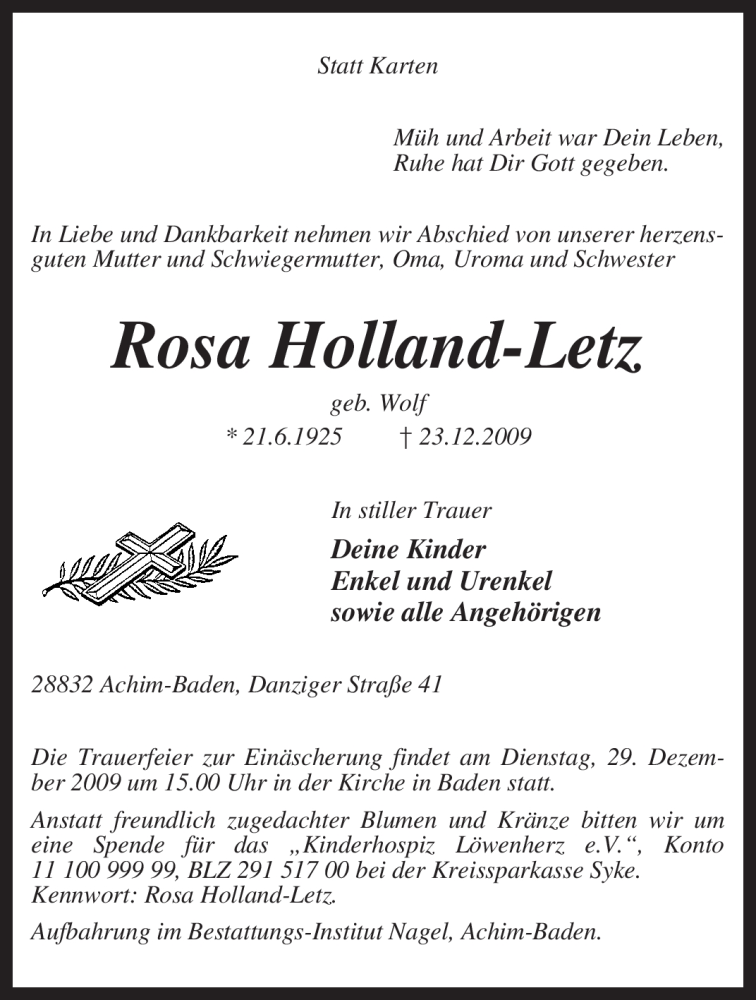  Traueranzeige für Rosa Holland-Letz vom 24.12.2009 aus KREISZEITUNG SYKE