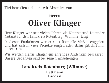 Traueranzeige von Oliver Klinger von KRZ