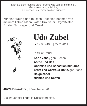 Traueranzeige von Udo Zabel von KREISZEITUNG SYKE