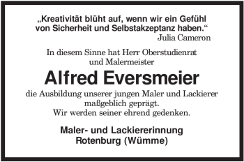 Traueranzeige von Alfred Eversmeier von KREISZEITUNG SYKE