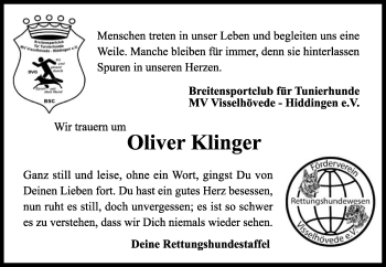 Traueranzeige von Oliver Klinger von KRZ