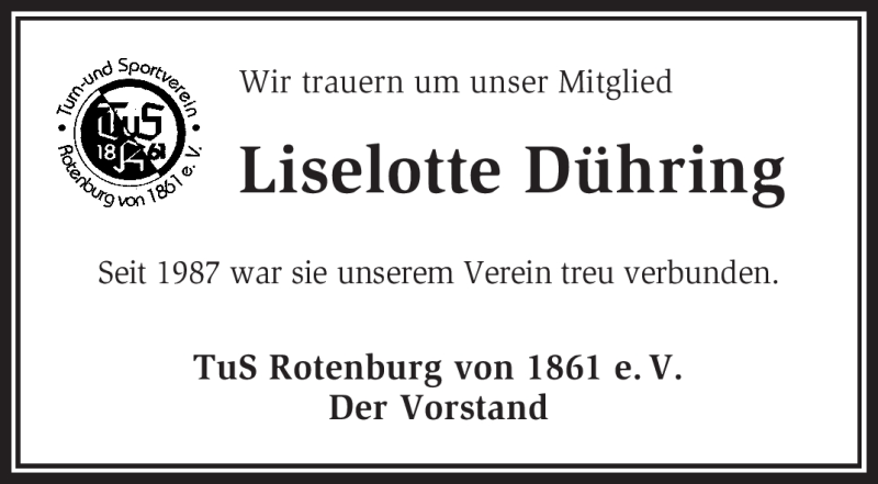  Traueranzeige für Liselotte Dühring vom 10.01.2012 aus KREISZEITUNG SYKE