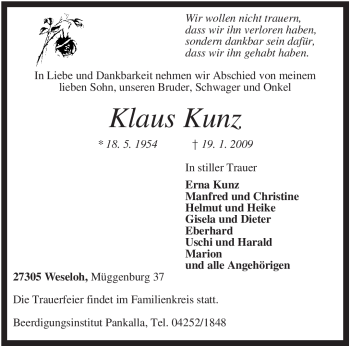 Traueranzeige von Klaus Kunz von KREISZEITUNG SYKE