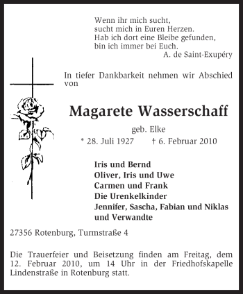 Traueranzeige von Magarete Wasserschaff von KREISZEITUNG SYKE