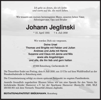 Traueranzeige von Johann Jeglinski von KREISZEITUNG SYKE