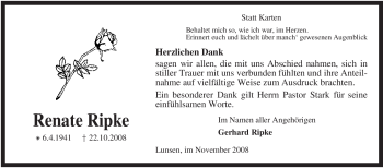 Traueranzeige von Renate Ripke von KREISZEITUNG SYKE