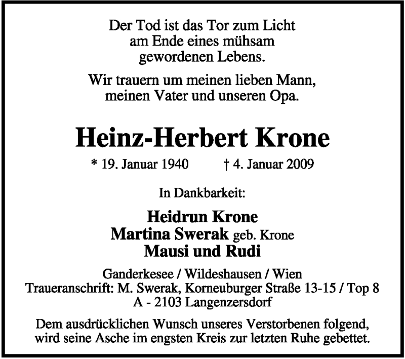  Traueranzeige für Heinz-Herbert Krone vom 06.01.2009 aus KREISZEITUNG SYKE