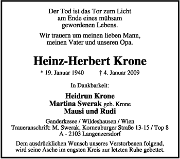 Traueranzeige von Heinz-Herbert Krone von KREISZEITUNG SYKE