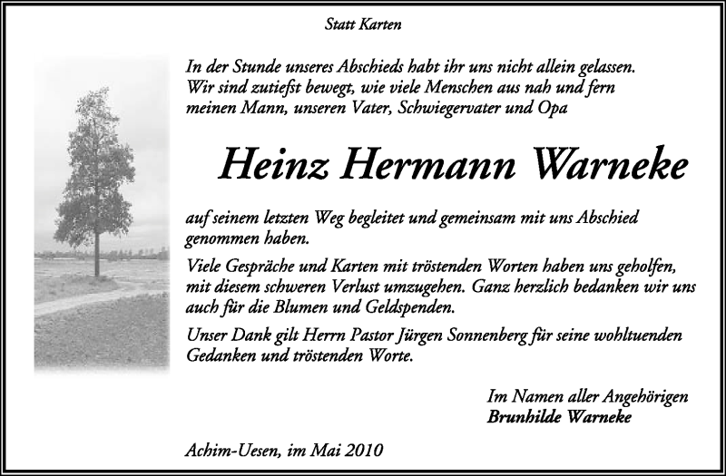  Traueranzeige für Heinz Hermann Warneke vom 29.05.2010 aus KREISZEITUNG SYKE