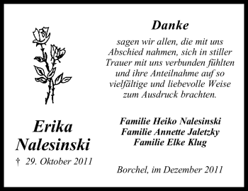 Traueranzeige von Erika Nalesinski von KREISZEITUNG SYKE