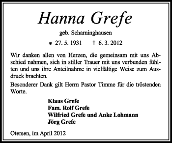 Traueranzeige von Hanna Grefe von KREISZEITUNG SYKE