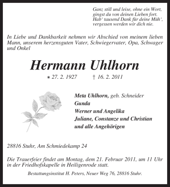 Traueranzeige von Hermann Uhlhorn von KREISZEITUNG SYKE