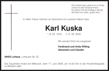 Traueranzeige von Karl Kuska von KREISZEITUNG SYKE