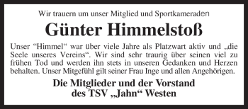 Traueranzeige von Günter Himmelstoß von KREISZEITUNG SYKE