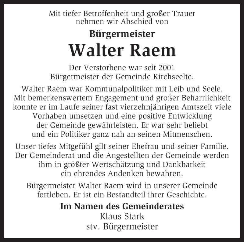  Traueranzeige für Walter Raem vom 17.04.2015 aus KRZ