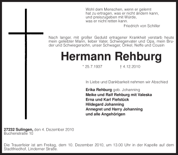 Traueranzeige von Hermann Rehburg von KREISZEITUNG SYKE