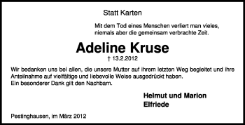 Traueranzeige von Adeline Kruse von KREISZEITUNG SYKE