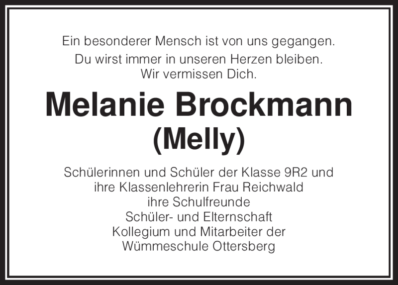  Traueranzeige für Melanie Brockmann vom 24.04.2010 aus KREISZEITUNG SYKE