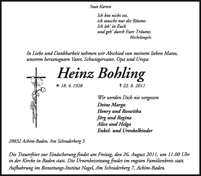  Traueranzeige für Heinz Bohling vom 24.08.2011 aus KREISZEITUNG SYKE