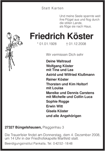 Traueranzeige von Friedrich Köster von KREISZEITUNG SYKE