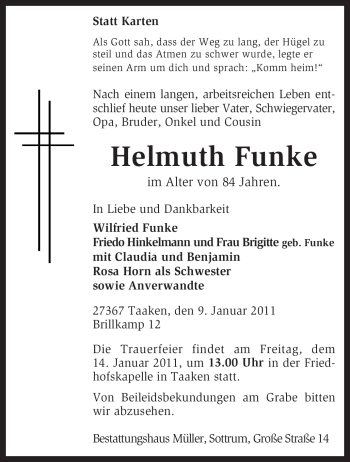 Traueranzeige von Helmuth Funke von KREISZEITUNG SYKE