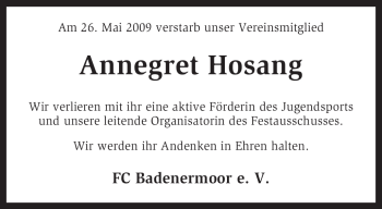 Traueranzeige von Annegret Hosang von KREISZEITUNG SYKE