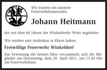 Traueranzeige von Johann Heitmann von KREISZEITUNG SYKE