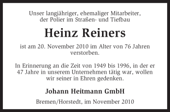 Traueranzeige von Heinz Reiners von KREISZEITUNG SYKE