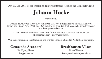 Traueranzeige von Johann Hocke von KREISZEITUNG SYKE