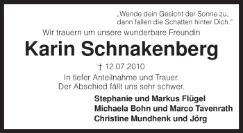 Traueranzeige von Karin Schnakenberg von KREISZEITUNG SYKE