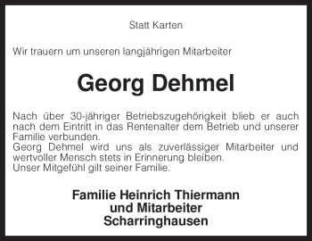 Traueranzeige von Georg Dehmel von KREISZEITUNG SYKE