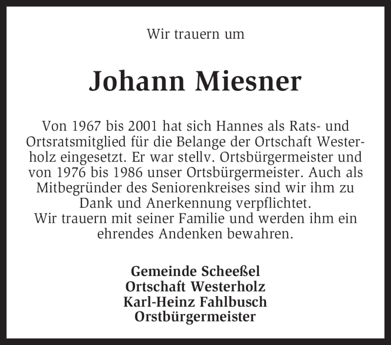  Traueranzeige für Johann Miesner vom 04.04.2009 aus KREISZEITUNG SYKE